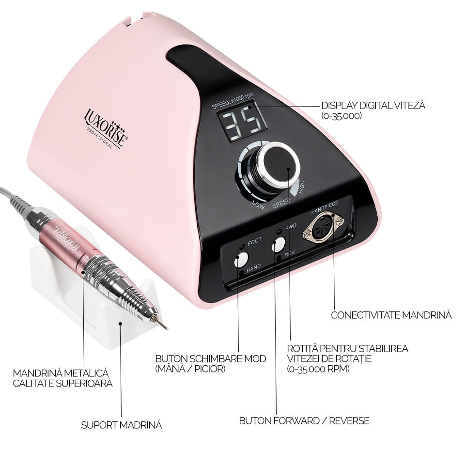 Freza unghii profesionala Energy Elite - LUXORISE , 35.000 RPM, Pink, Aparatura Unghii - imagine 5