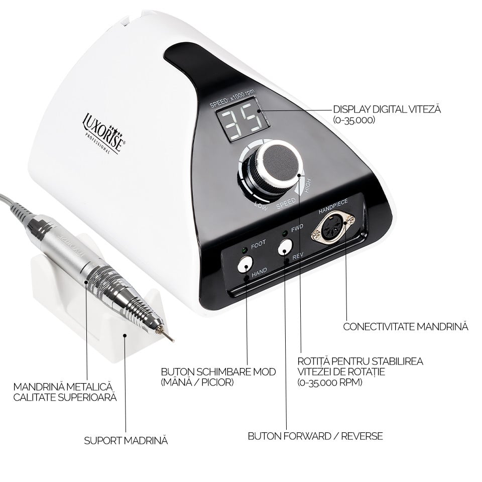 Freza unghii profesionala Energy Elite - LUXORISE , 35.000 RPM, White, Aparatura Unghii - imagine 7