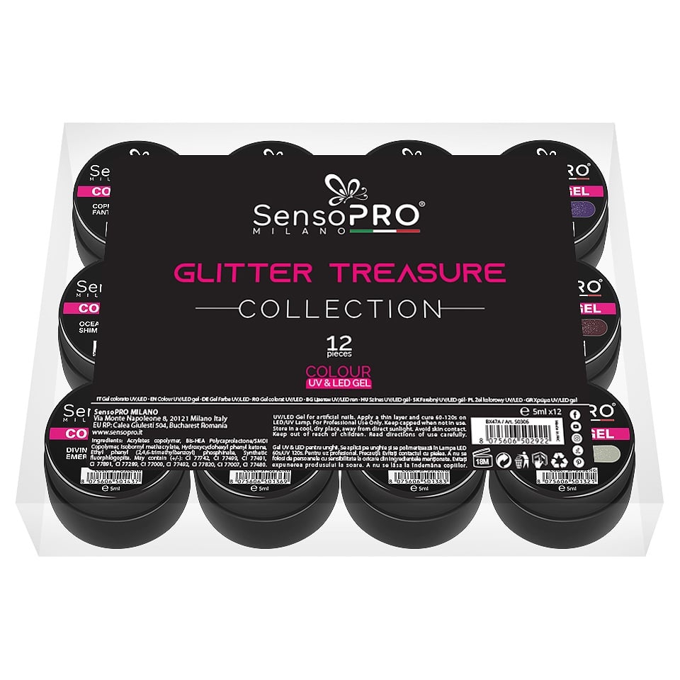 Set 12 Geluri UV Colorate Glitter Treasure Collection, SensoPRO Milano, Geluri UV - imagine 4