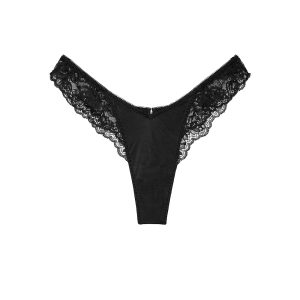 Rose lace-trim high-leg thong panty - black S