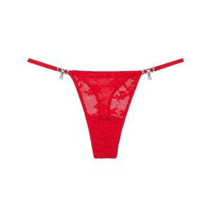 Twinkle bow lace thong panty - bright vermillion M